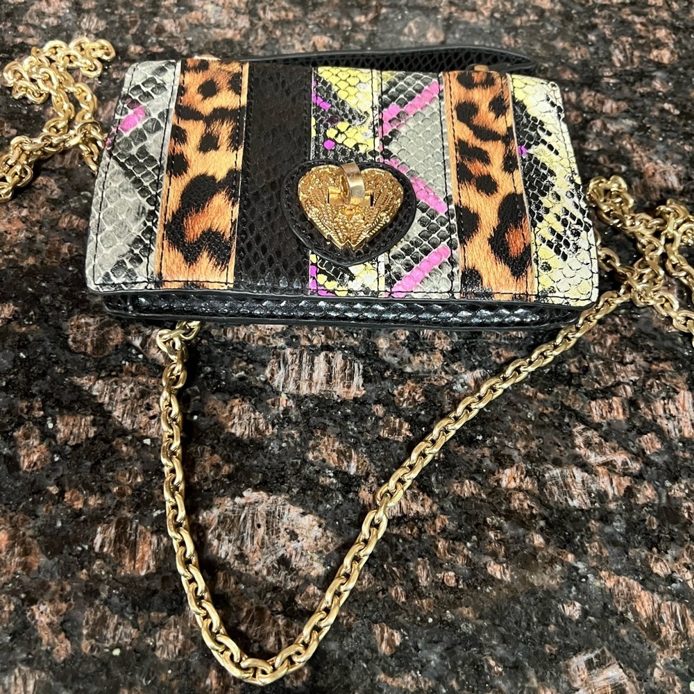 Betsey Johnson Snake Leopard Cheetah My Day Crossbody Handbag with pink accent